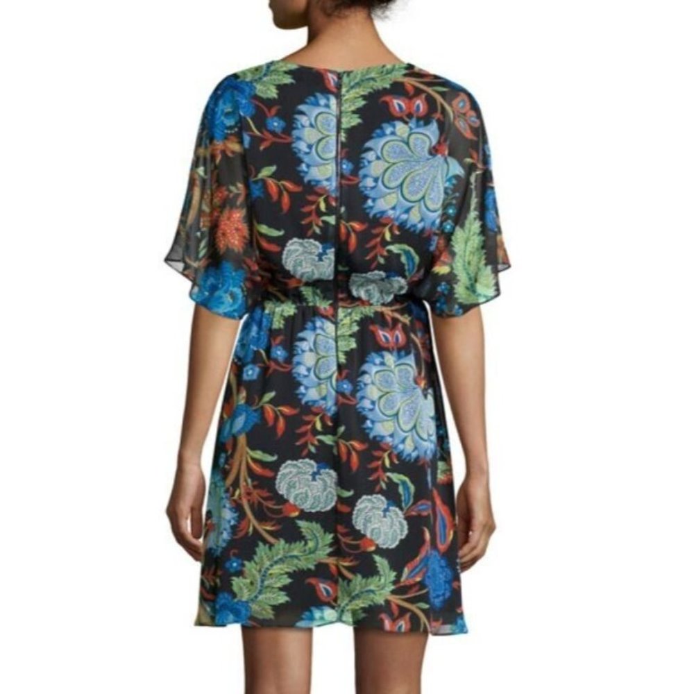 Alice + Olivia Cay Dress Black Floral Mini Size 2 V Neck Short Sleeve Babydoll - Picture 4 of 5
